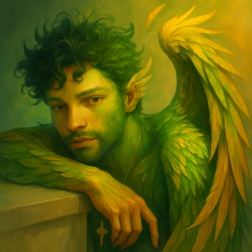 Um personagem meio homem, meio pássaro (Fênix), tons de verde e amarelo.png